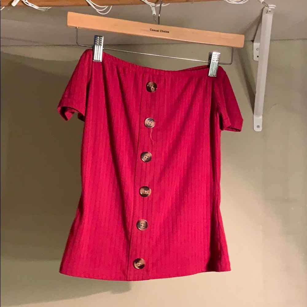 Off the shoulder red shirt